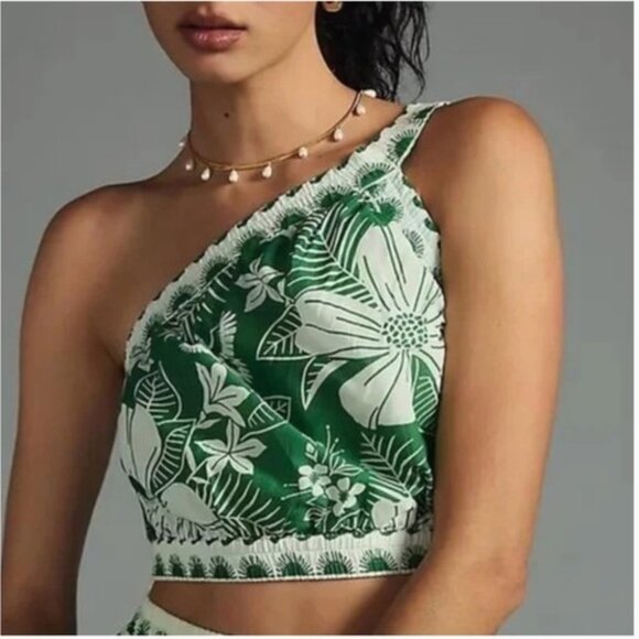 Farm Rio Macaw Elegance Green Off White One Shoulder Crop Top Size Small - Picture 1 of 4